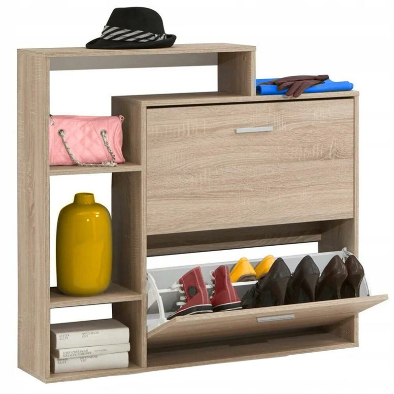 Scarpiera 2 Ante Ripiani Doppia Profondità Melamina 102x25,5x98cm Colore Quercia