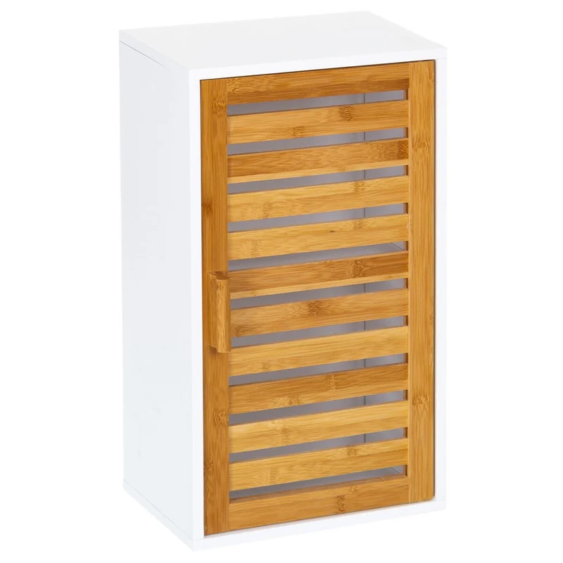 Mobiletto Armadietto Parete 2 Ripiani Legno MDF e Bambu Anta Chiusura Magneatica