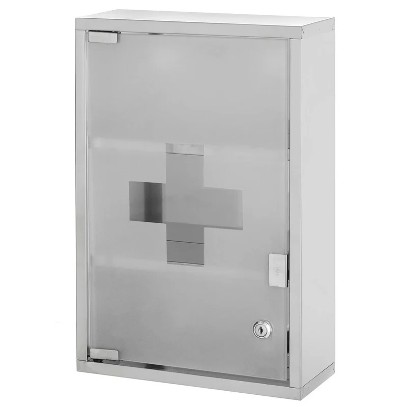 Armadietto Porta Medicinali Primo Soccorso Acciaio Inox Vetro Satinato 30x12x45