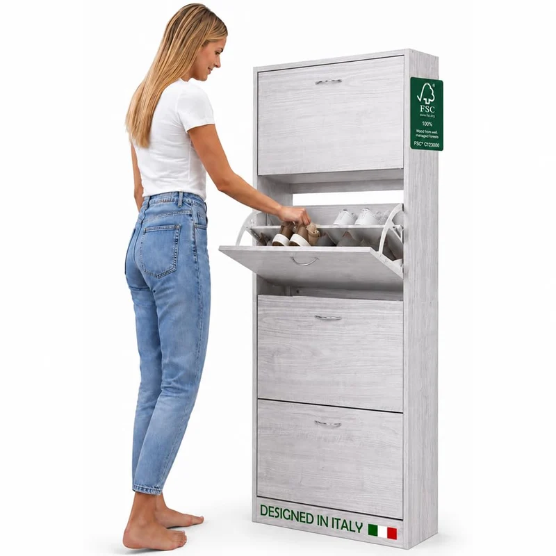 Scarpiera 4 Ante Ripiani Porta Scarpe Doppia Profondita Legno 63x24x150 Grigio
