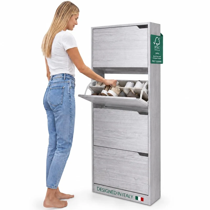 Scarpiera 4 Ante Ripiani Porta Scarpe Doppia Profondita Legno 63x24x150 Grigio