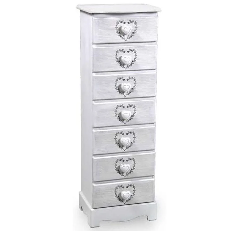 Cassettiera Settimino in legno 7 cassetti Bianco Perla Cuori 29 x 23 x 89 cm