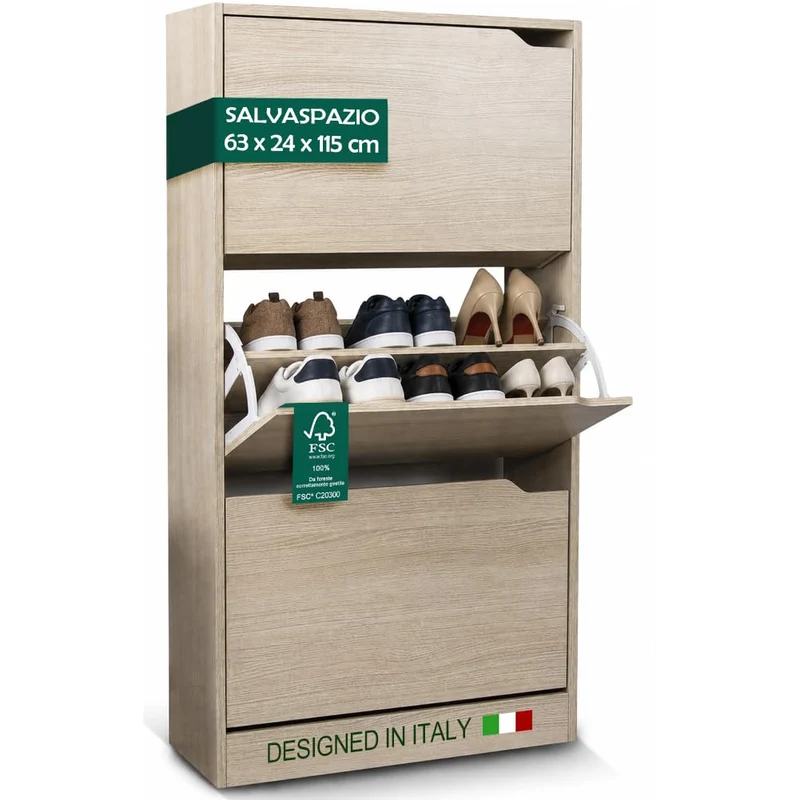 Scarpiera 3 Ante Ripiani Doppia Profondità Porta Scarpe Colore Olmo 63x24x115cm