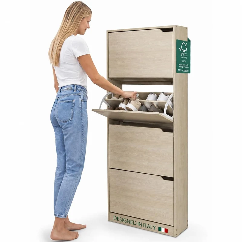 Scarpiera 4 Ante Ripiani Doppia Profondità Porta Scarpe Colore Olmo 63x24x150cm