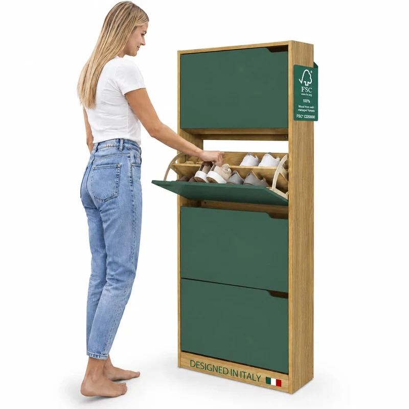 Scarpiera 4 Ante Ripiani Doppia Profondità Portascarpe Quercia e Verde 63x24x150