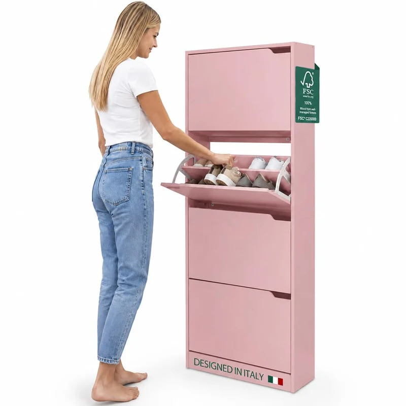 Scarpiera 4 Ante Ripiani Doppia Profondità Porta Scarpe Colore Rosa 63x24x150cm