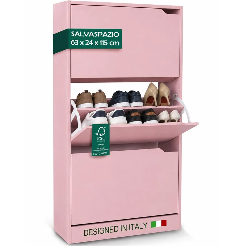 Scarpiera 3 Ante Ripiani Doppia Profondità Porta Scarpe Colore Rosa 63x24x115cm