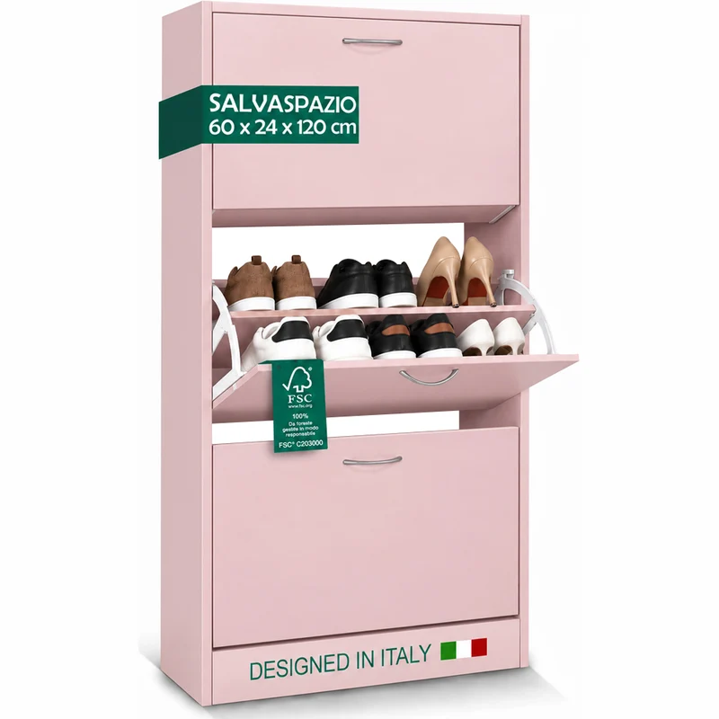 Scarpiera 3 Ante Ripiani Doppia Profondità con Maniglia Colore Rosa 63x24x115cm