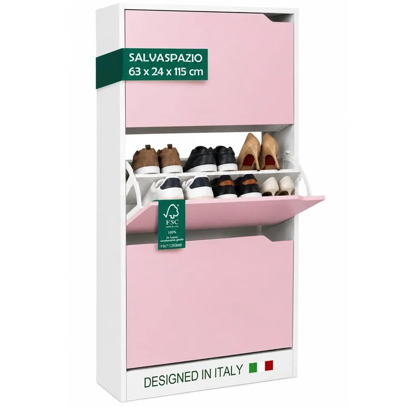 Scarpiera 3 Ante Ripiani Doppia Profondità Porta Scarpe Rosa e Bianco 63x24x115cm