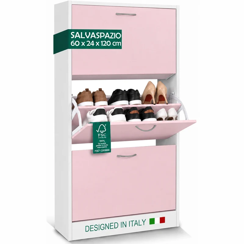 Scarpiera 3 Ante Ripiani Doppia Profondità con Maniglia Rosa e Bianco 63x24x115cm