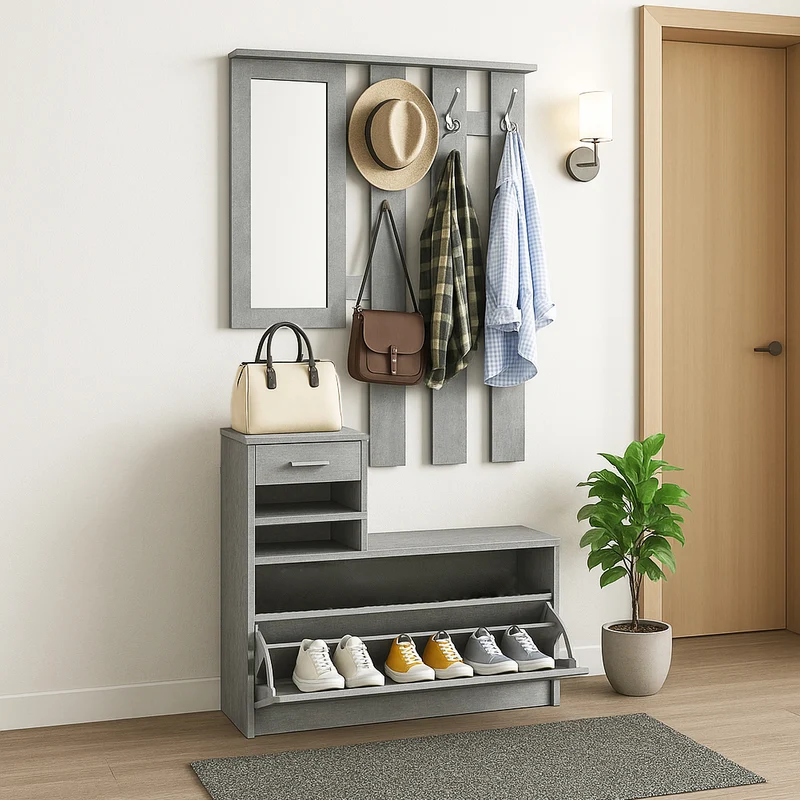 Set Mobili da Ingresso con Appendiabiti a 6 Ganci Scarpiera con Specchio Grigio