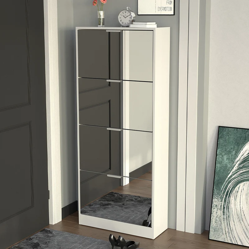 Scarpiera con 4 Ante a Specchio Ribaltabili Porta Scarpe Salvaspazio 63x24x150cm