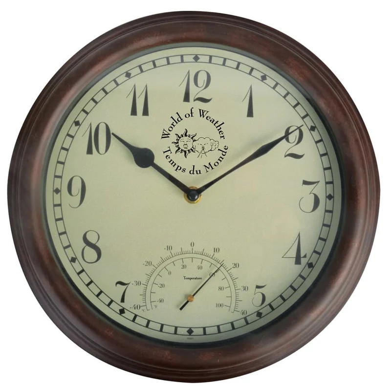 Orologio Parete Stazione con Termometro Analogico 30,5 cm Legno TF007