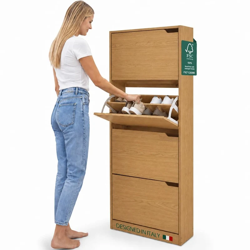 Scarpiera 4 Ante Ripiani Porta Scarpe Doppia Profondita Legno MDF 63x24x150 Oak
