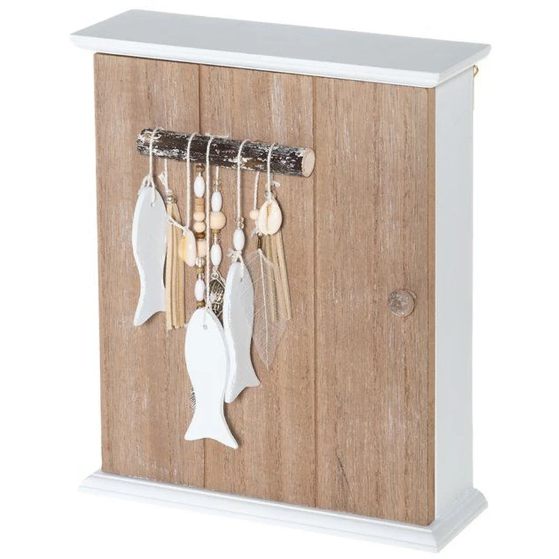 Armadietto Portachiavi da Parete in Legno con 6 Ganci Decoro Chiave 20x6.5x24cm