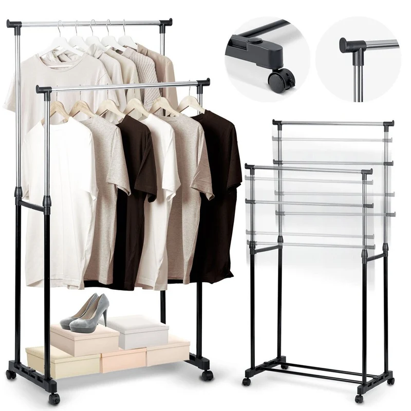 Stand Appendiabiti Doppio Allungabile Telescopico con Ruote 42x75x158 cm