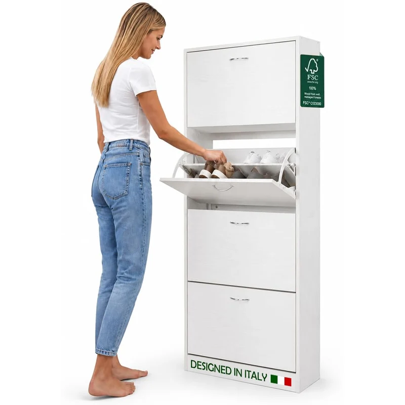 Scarpiera 4 Ante Ripiani Doppia Profondita Legno MDF 63x24x150 Bianco Frassinato
