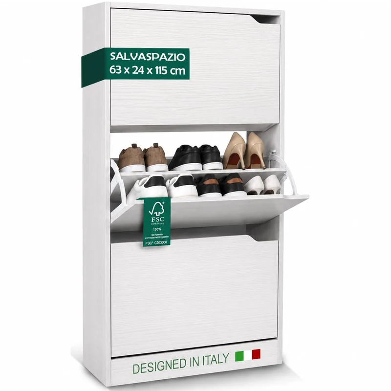 Scarpiera 3 Ante Ripiani Doppia Profondita Legno MDF 63x24x115 Bianco Frassinato