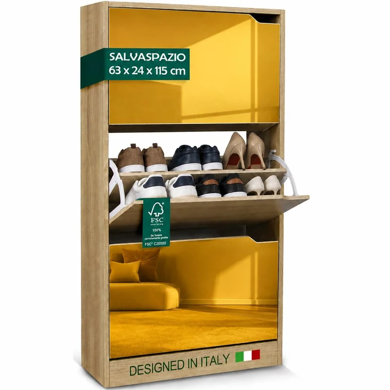 Scarpiera 3 Ante a Specchio Marrone Slim con Maniglia Salvaspazio 63x24x115cm
