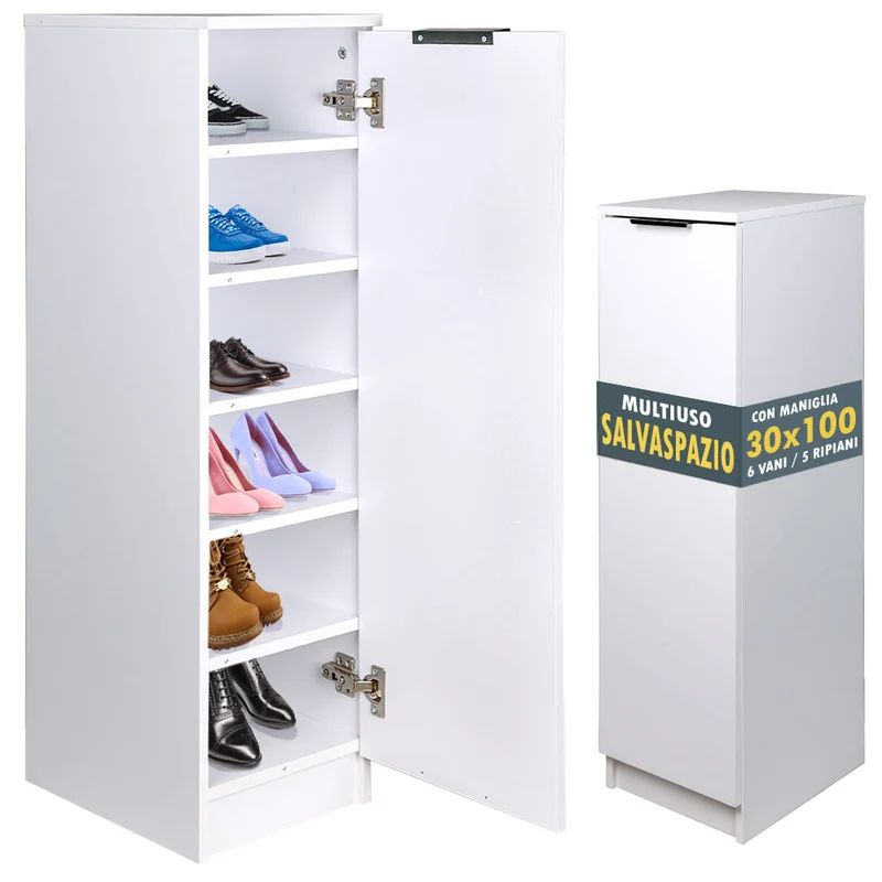 Scarpiera Mobiletto Multiuso in Legno Bianco Mobile Porta Scarpe 30x35x100 cm
