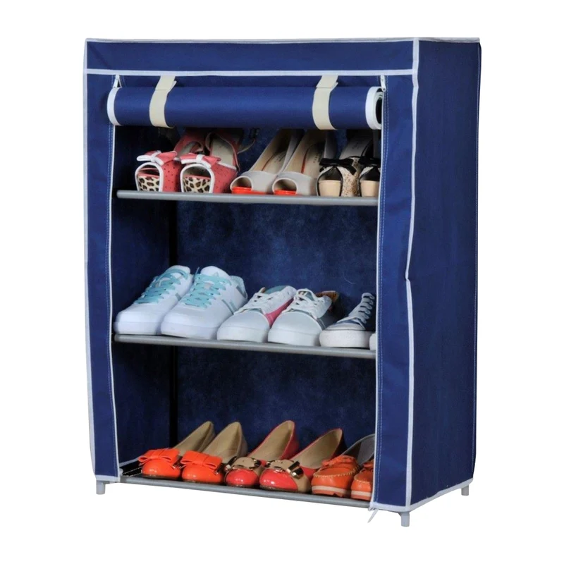 Scarpiera Salvaspazio Blu Struttura Metallo Chiusura Zip Antipolvere 60x30x80h