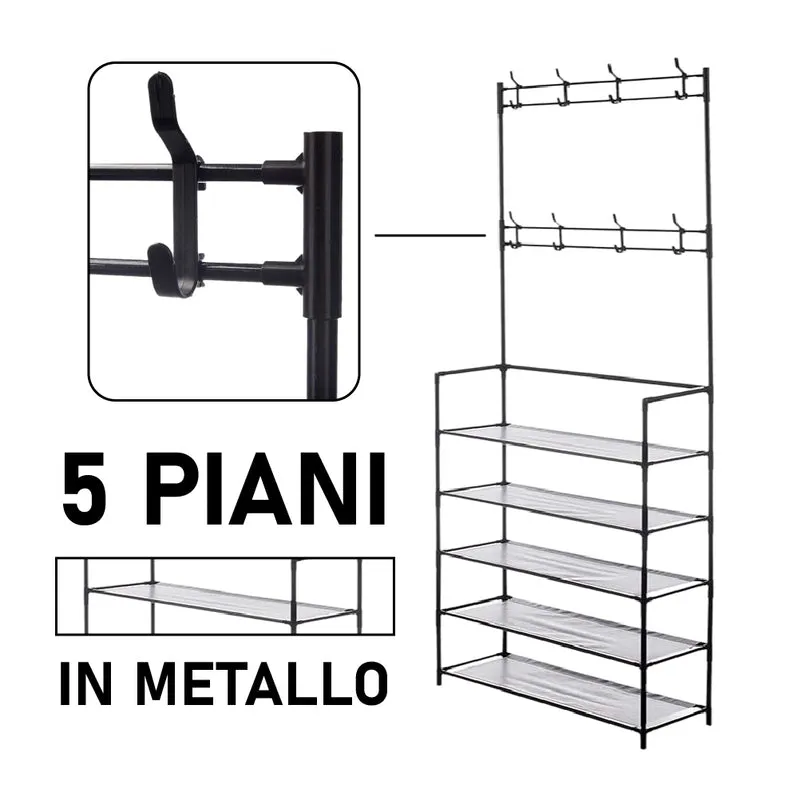 Attaccapanni con Scarpiera 5 Piani in Metallo Appendiabiti 8 Ganci Colore Nero