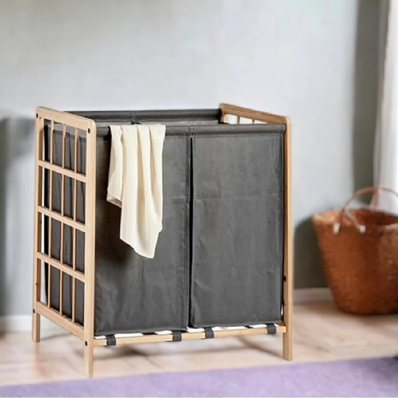 Portabiancheria Doppio Cesto Legno Naturale e Stoffa Capacità 60LT Colore Grigio