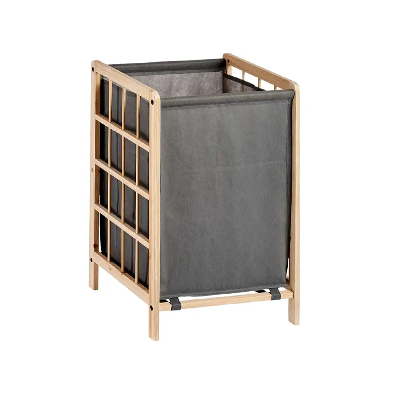 Porta Biancheria in Legno Naturale e Stoffa Cesta Capacità 45 lt H60cm Grigio