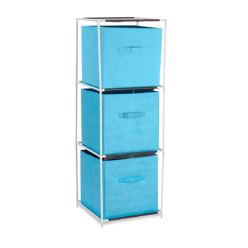 Cassettiera Multiuso in Metallo 3Cassetti in Stoffa 35x35 H 102cm Celeste