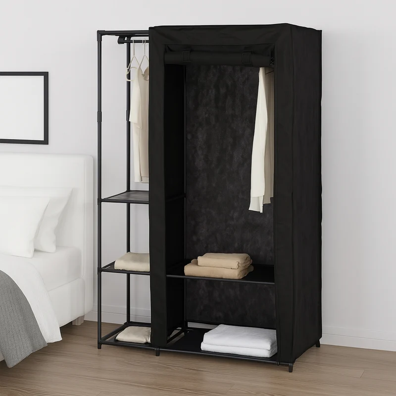 Armadio Doppio Salvaspazio Metallo e Tessuto TNT Appendiabiti 105x43x172cm Nero