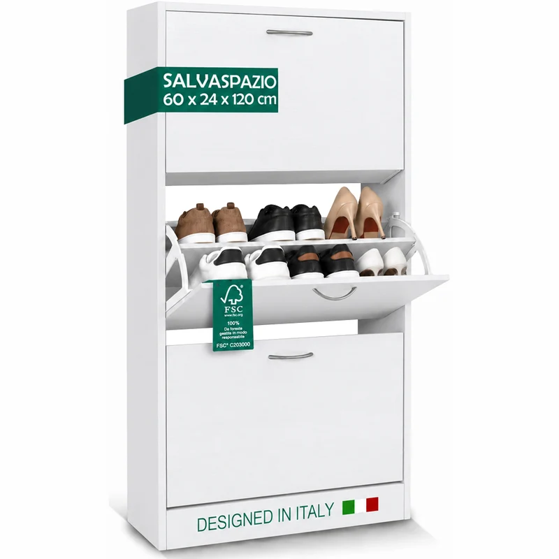 Scarpiera 3 Ante Ripiani Doppia Profondita in Melamina 60x24x120cm Colore Bianco