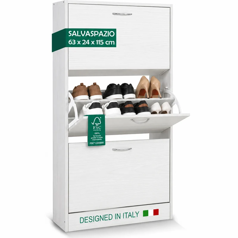 Scarpiera 3 Ante Ripiani Doppia Profondita Legno MDF 63x24x115 Bianco Frassinato