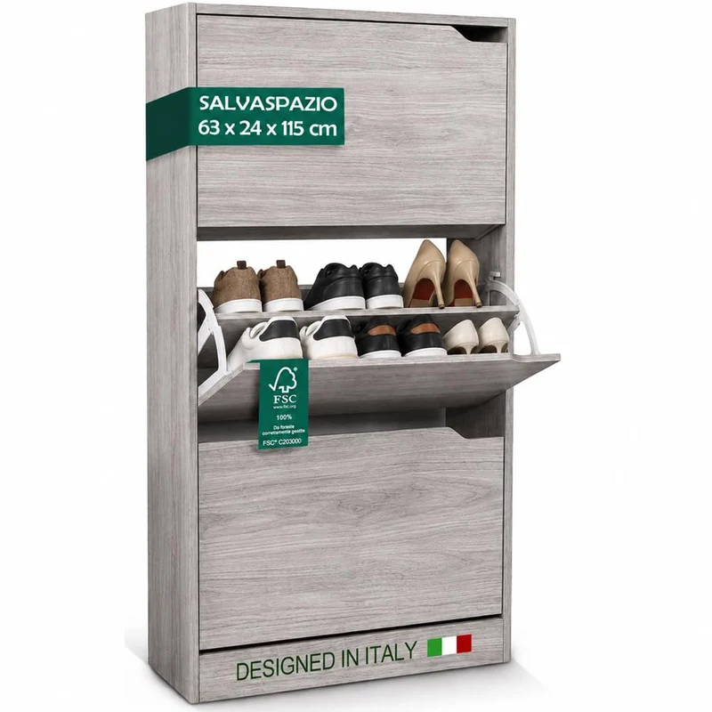 Scarpiera 3 Ante Ripiani Porta Scarpe Doppia Profondita Legno 63x24x115 Grigio