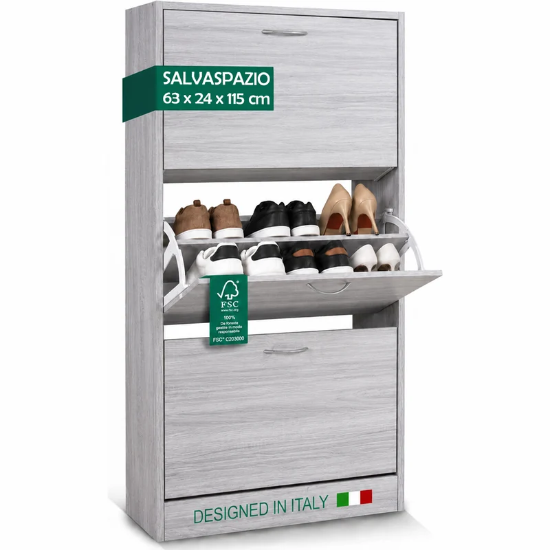 Scarpiera 3 Ante Ripiani Porta Scarpe Doppia Profondita Legno 63x24x115 Grigio