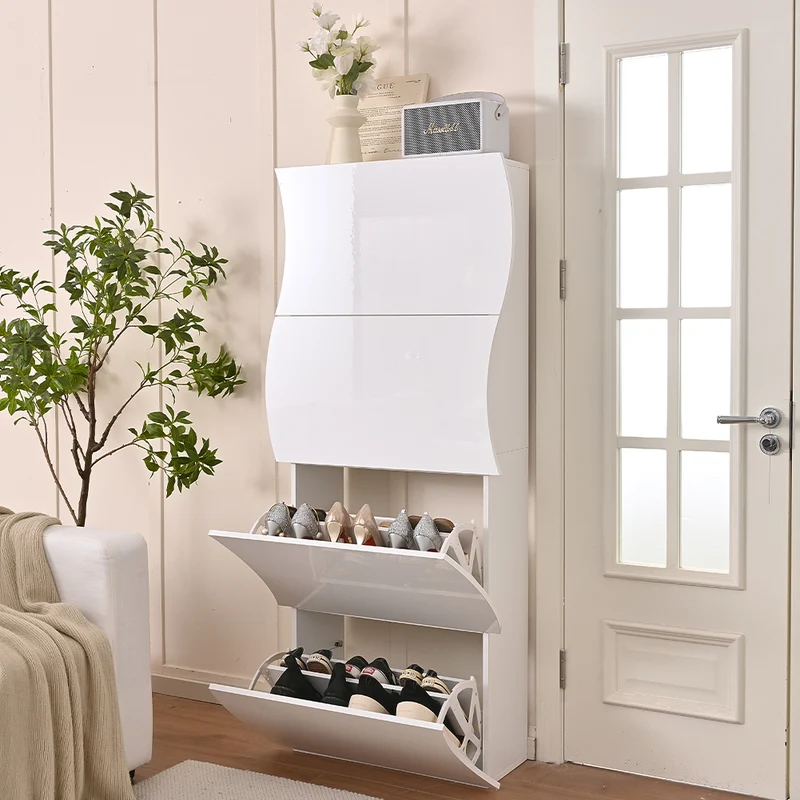 Scarpiera Ingresso in Legno Lucido ONDE 4 Ante Bianco Salvaspazio 71x26.5x161cm