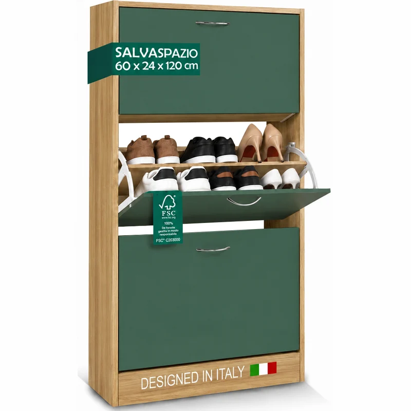 Scarpiera 3 Ante Ripiani Doppia Profondità con Maniglia Verde Quercia 63x24x115cm