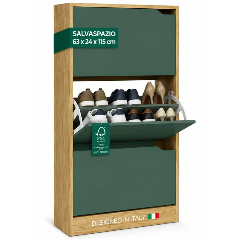 Scarpiera 3 Ante Ripiani Doppia Profondità Porta Scarpe Quercia Verde 63x24x115cm