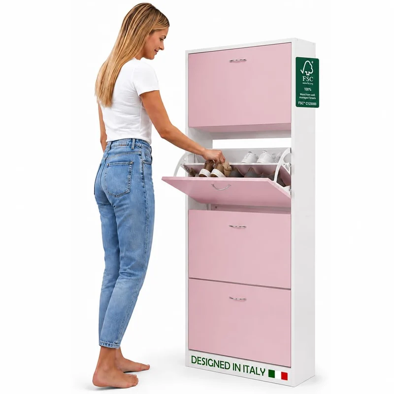 Scarpiera 4 Ante Ripiani Doppia Profondità con Maniglia Rosa e Bianco 63x24x150cm