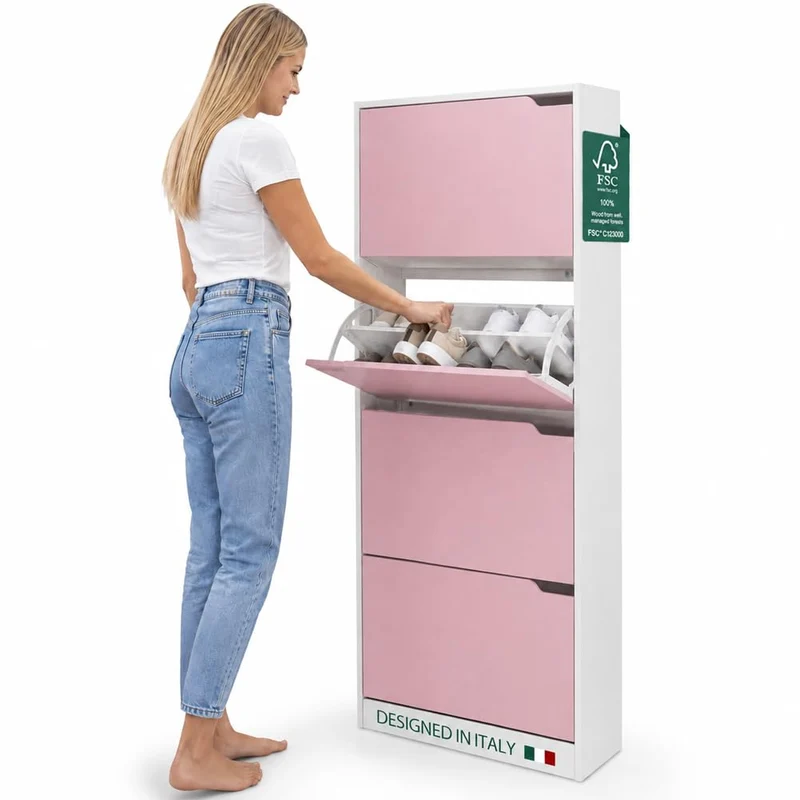 Scarpiera 4 Ante Ripiani Doppia Profondità Porta Scarpe Rosa e Bianco 63x24x150cm
