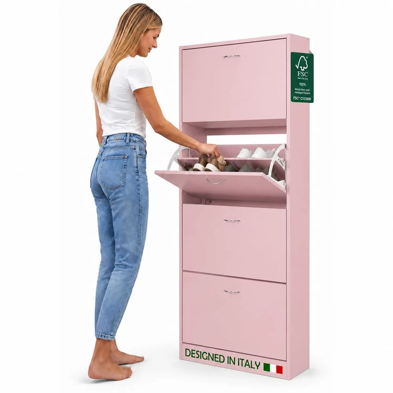 Scarpiera 4 Ante Ripiani Doppia Profondità con Maniglia Colore Rosa 63x24x150cm