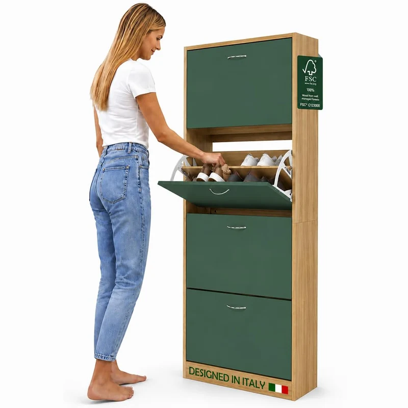 Scarpiera 4 Ante Ripiani Doppia Profondità con Maniglia Quercia+Verde 63x24x150