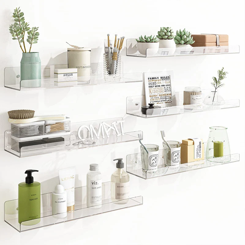 6 x Mensole Acrilico Trasparenti da Parete Scaffali a Muro Organizer 38x10x5 cm