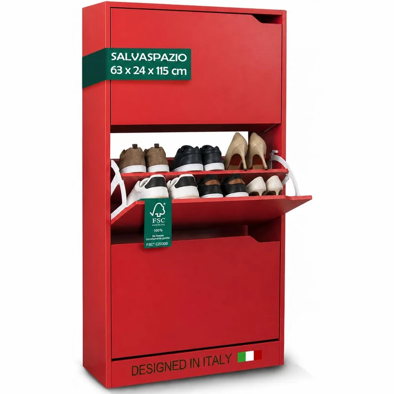 Scarpiera 3 Ante Ripiani Doppia Profondità Porta Scarpe Colore Rosso 63x24x115cm