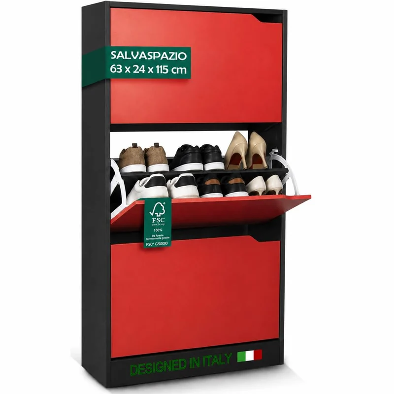 Scarpiera 3 Ante Ripiani Doppia Profondità Porta Scarpe Rosso e Nero 63x24x115cm