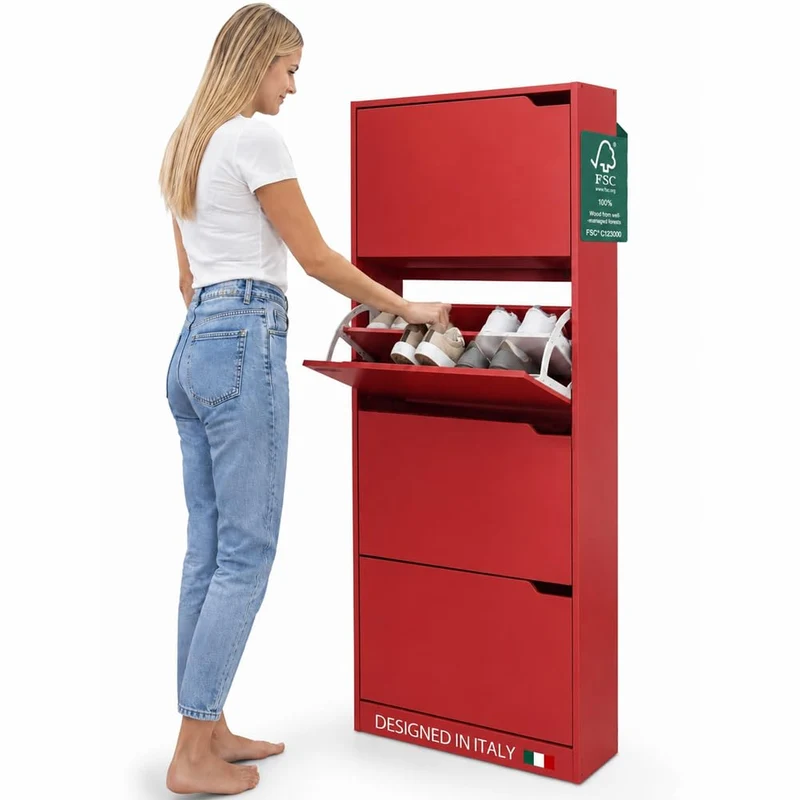 Scarpiera 4 Ante Ripiani Doppia Profondità Porta Scarpe Colore Rosso 63x24x150cm