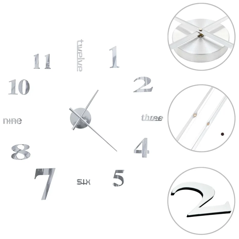 Orologio da Parete 3D Design Elegante e Accattivante 100 cm XXL Argento Lucido