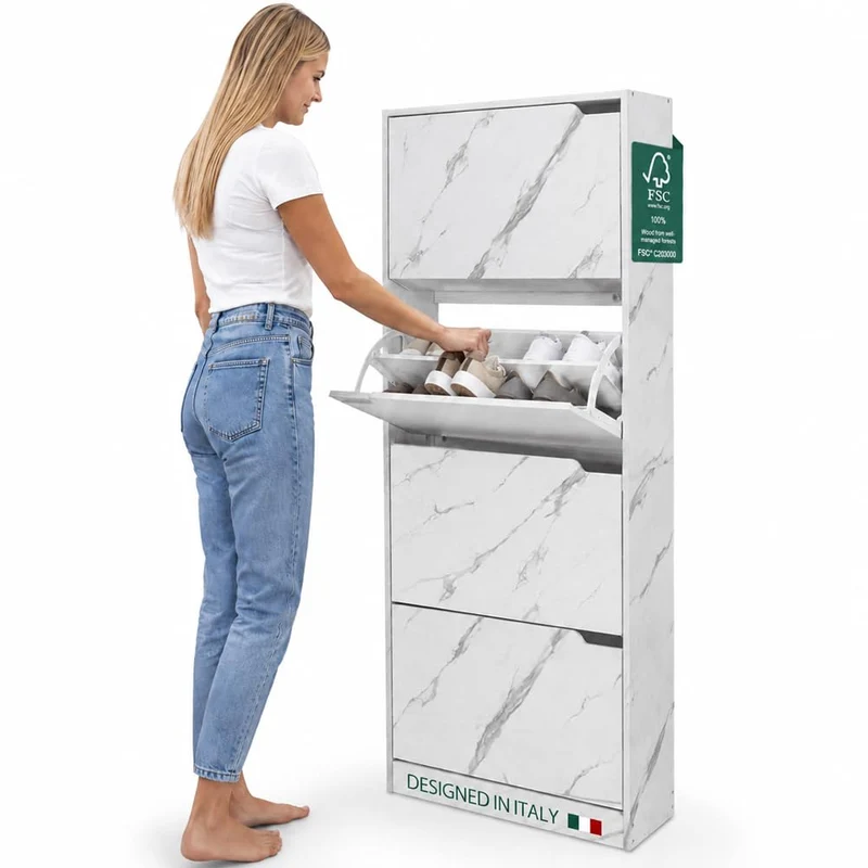 Scarpiera 4 Ante Ripiani Doppia Profondità Portascarpe Bianco Marmo 63x24x150 cm