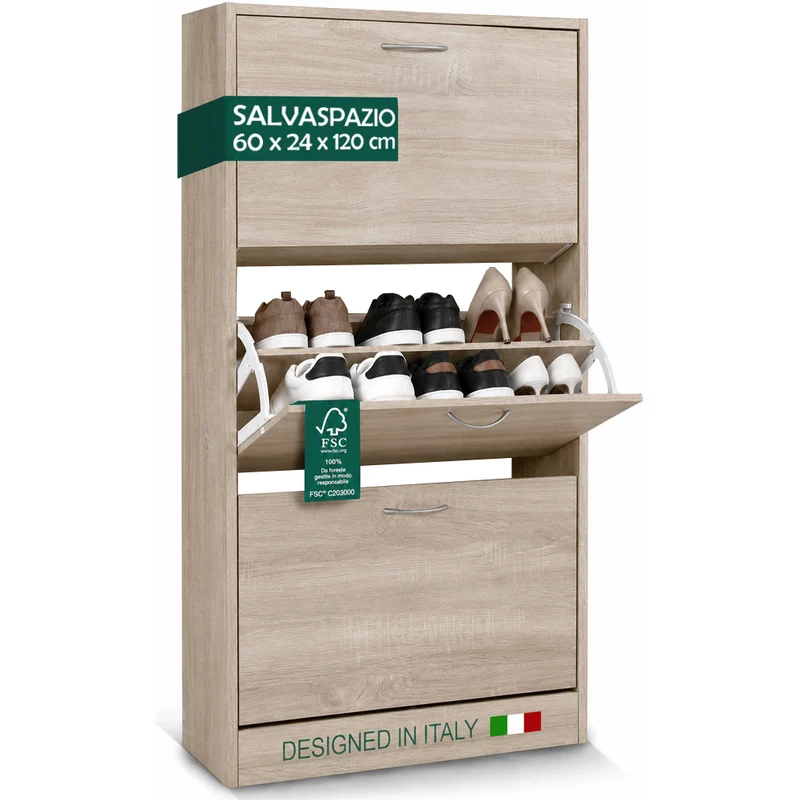 Scarpiera 3 Ante Ripiani Doppia Profondità con Maniglia Colore Olmo 63x24x115cm